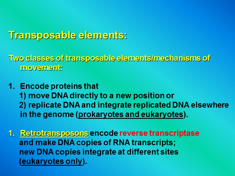 Transposable elements:  Two classes of transposable elements/mechanisms of movement:  Encode proteins that